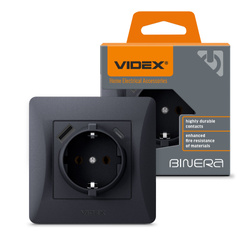 Gniazdo schuko pojedyncze z USB-A+USB-C czarno-grafitowe VIDEX BINERA