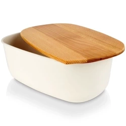 Brotkasten mit Holzbrett Brotkorb Brotbox Brotbehälter creme, 39x23,5x15,5 cm