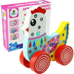 Drewniana układanka puzzle 3D kurka na kółka do ciągnięcia