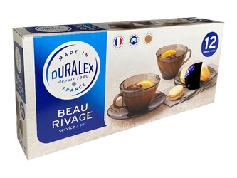 ZESTAW 6 FILIŻANEK Z SPODKAMI Z TRWAŁEGO SZKŁA HARTOWANEGO DURALEX